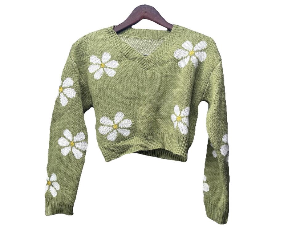 Kids Cropped Green and Flowers Embroidered Cardigan Size 13/14Y